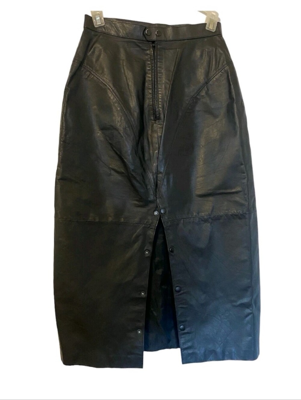 Vintage Greg Adams 80's Black Leather Button Split Skirt 13/14